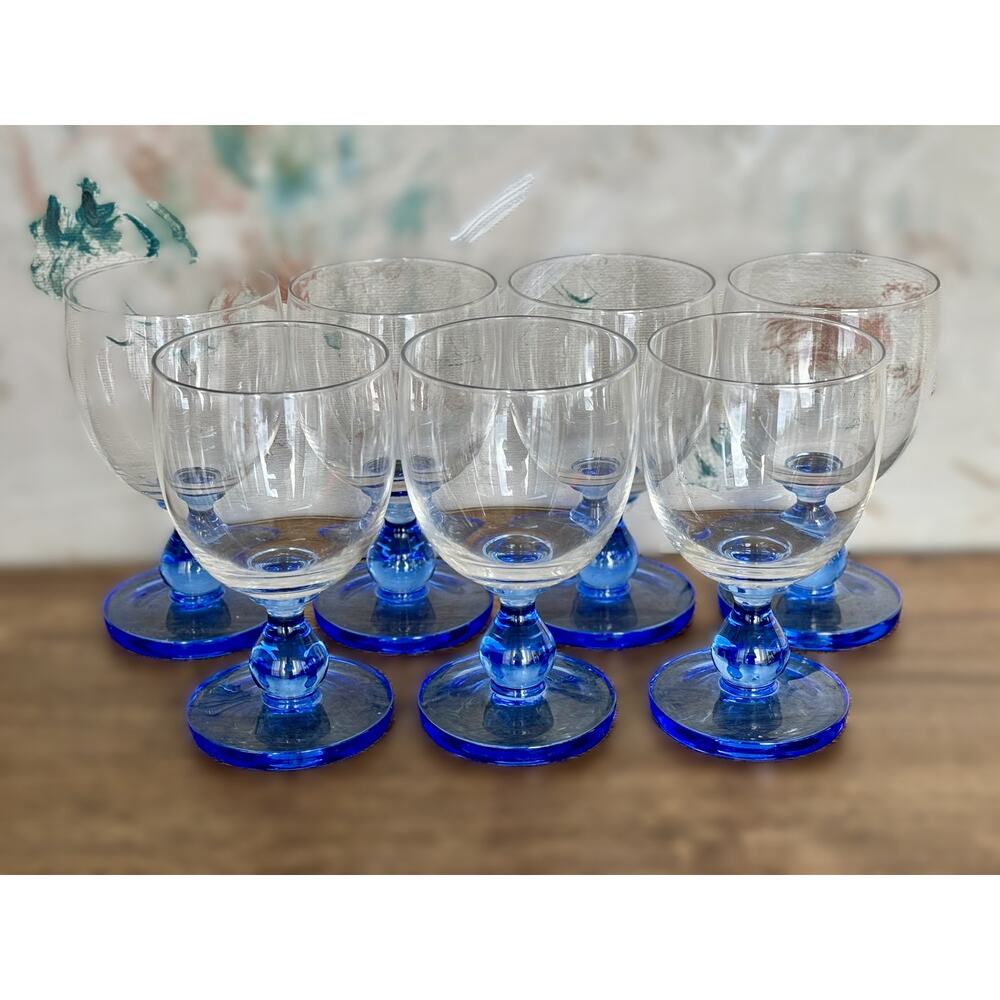 Dansk Hanna Blue Goblets - Set of 7 | Vintage Mid-Century Modern Glassware